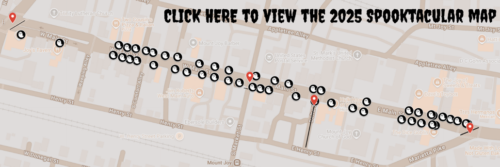 Spooktacular 2025 event map for Main Street Mount Joy showing participating businesses, activities, and family-friendly Halloween fun