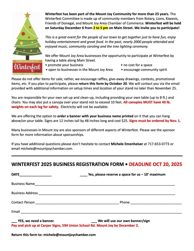 Winterfest participation form for Mount Joy businesses.