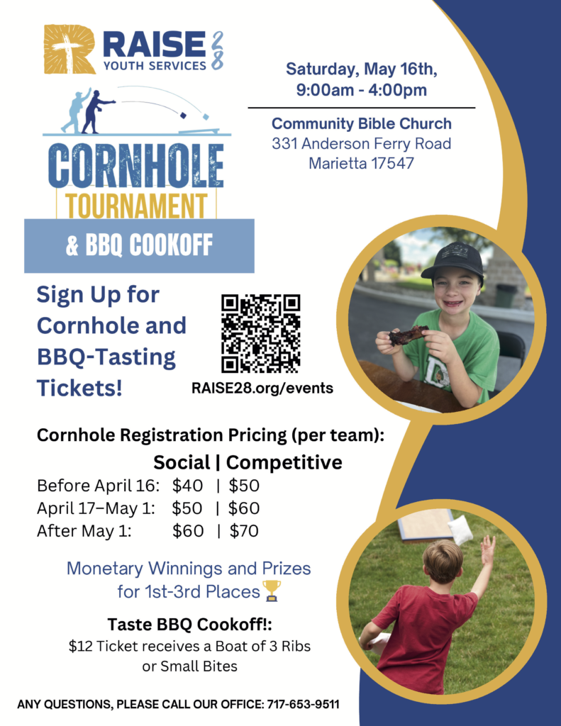 RAISE 28 Cornhole and Cookoff flyer