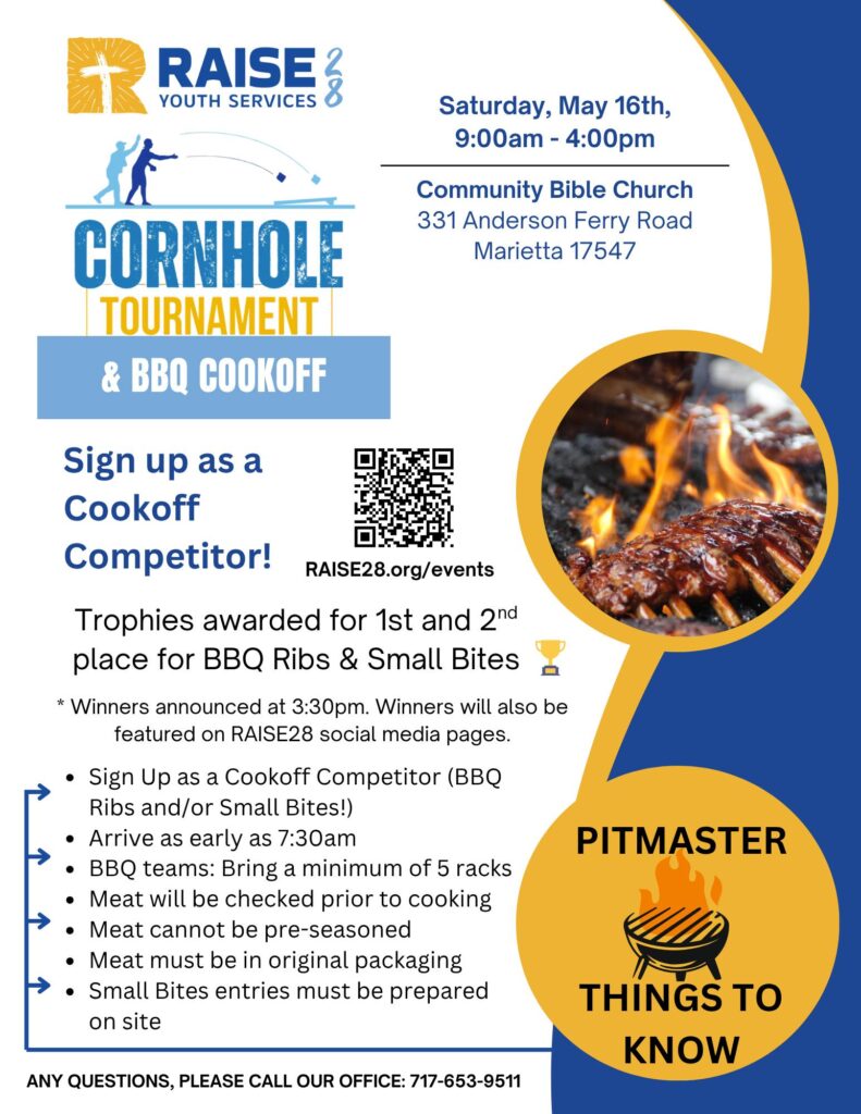 RAISE28 Cornhole Tournament and BBQ Cookoff flyer